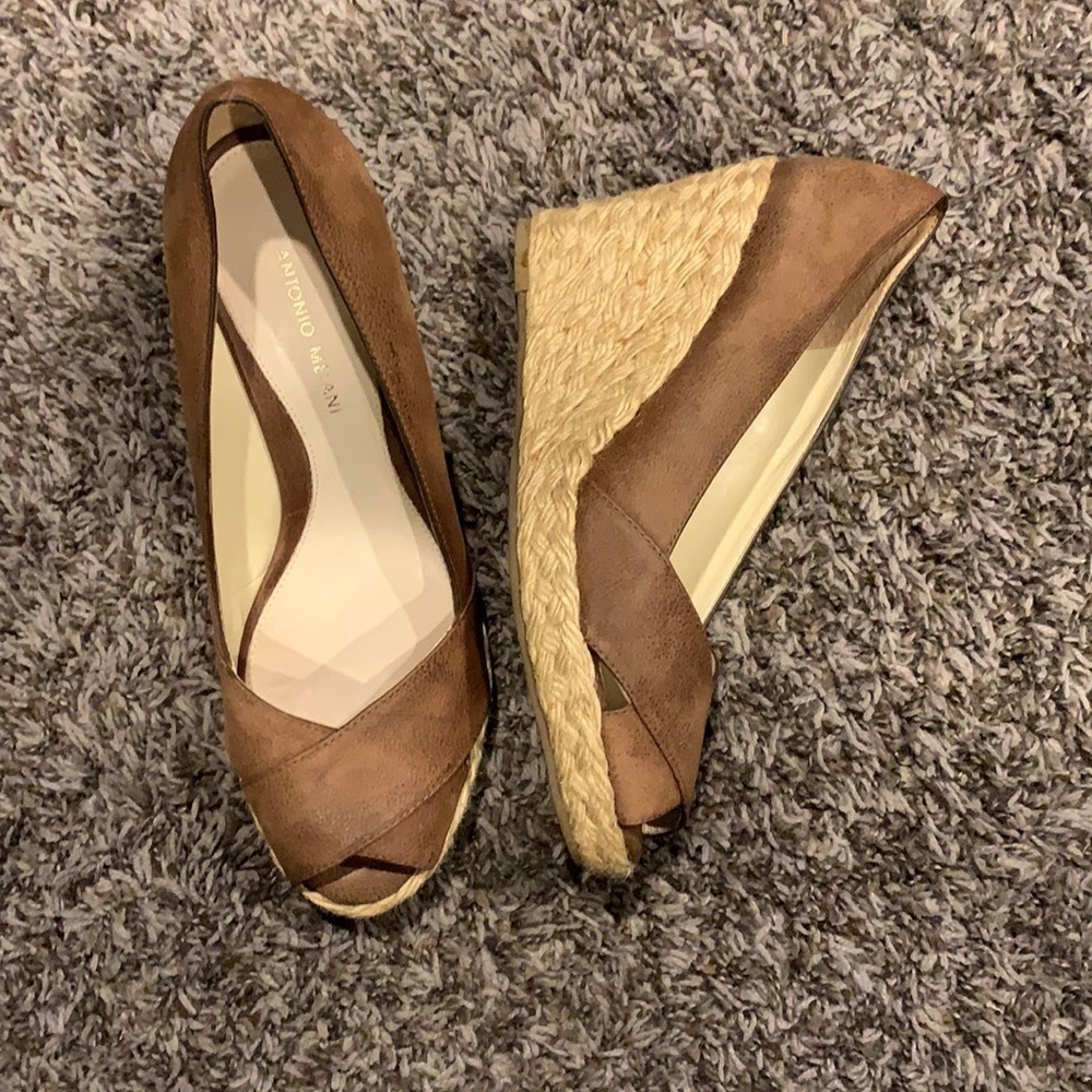 ANTONIO MELANI Brown Espadrille Wedge Peep-Toe Heels
